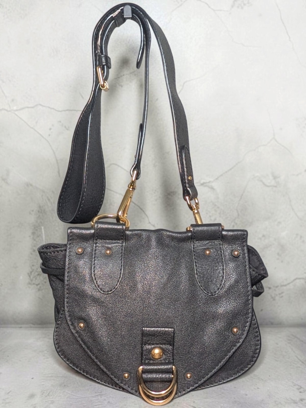 See by Chloe Collins Black Leather Studded Small Saddle Bag
